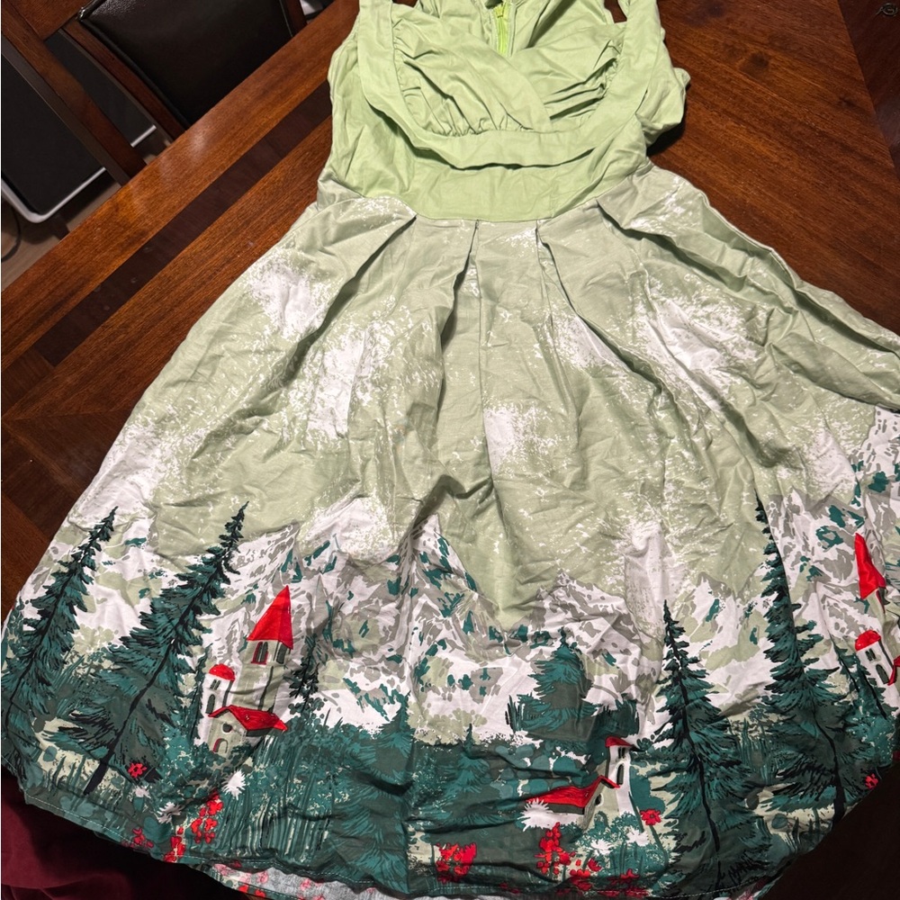 Green Alpine Forest Print Retro Dress